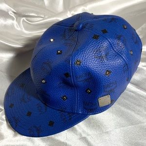 MCM Blue Logo-Print Leather Cap with Stud Accents